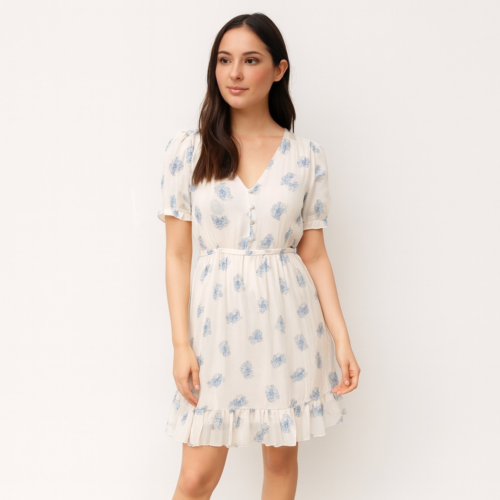 Jack Wills Abby Blue Floral White Shirred Waist Fit and Flare Mini Dress - US 6